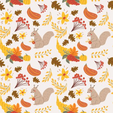 Sonbahar sonbaharı çizgi film karakterleriyle teşekkür etmek, Şükran Günü geçmişi, vahşi hayvan sincabı düşmek, balkabaklı mevsimlik yiyecekler..