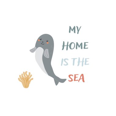 Kelimelerle çocuk deniz hayvanı geçmişi. Denizcilik unsurları. Tatlı balık ya da deniz yosunlu okyanus sakini. Deniz yaban hayatı, çıkartmalar için metin olan deniz hayvanları, kapak tasarımı, giysiler..