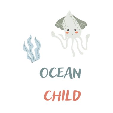 Çocuk deniz hayvanı denizanası, kelimelerle donatılmış. Denizcilik unsurları. Tatlı balık ya da deniz yosunlu okyanus sakini. Deniz yaban hayatı, çıkartmalar için metin çocuklu deniz hayvanları, kapak tasarımı, kumaş.