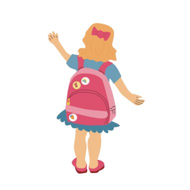 Okul konseptine geri dönelim, okul çantalı küçük kız. Eğitim karakteri. Eylül ayı için öğretmenler günü tatili geçmişi.