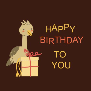 Tebrik mesajlı çocuk hayvan kartı. Şirin Afrika hayvan kutlaması tasarımı. Çocuksu kartpostallar için küçük vahşi bir hayvanın olduğu tebrik kartı. Yetenekli devekuşu..