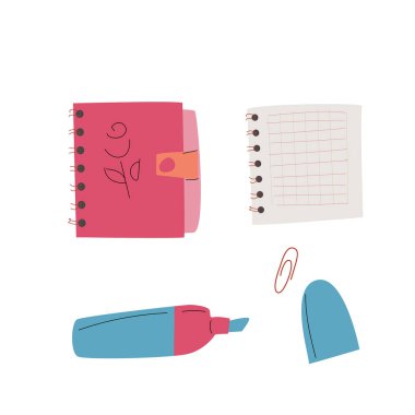 Çocuklar ilkokulun sevimli unsurlarını sağlıyor. Çıkartma ve yapıştırma defteri için notlar. Anaokulunda eğitim için temel unsurlar. Okula geri dön..