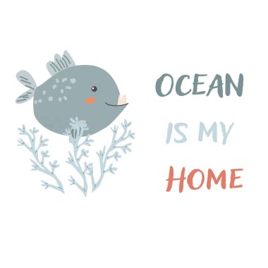 Çocuk deniz hayvanı piranası, kelimelerle donatılmış. Denizcilik unsurları. Tatlı balık ya da deniz yosunlu okyanus sakini. Deniz yaban hayatı, çıkartmalar için metni olan deniz hayvanları, kapak tasarımı, kumaş