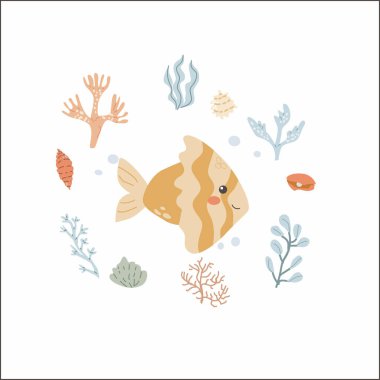 Çocuk deniz hayvanlarının arka planı. Denizcilik unsurları. Tatlı balık ya da deniz yosunlu okyanus sakini. Deniz yaban hayatı, deniz hayvanları posterler, baskılar için arka plan.