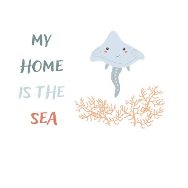 Çocuk deniz hayvanı denizanası, kelimelerle donatılmış. Denizcilik unsurları. Tatlı balık ya da deniz yosunlu okyanus sakini. Deniz yaban hayatı, çıkartmalar için metni olan deniz hayvanları, kapak tasarımı, kumaş