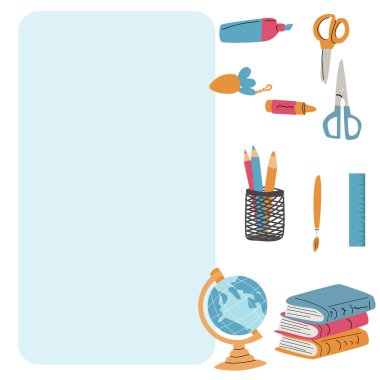 Okula dön, anaokulu afişi ya da çerçeve. Çocuk okulu unsurları, kopya alanı olan kalemler. Çocuk malzemeleri, şirin tasarım. Poster ve satış afişi için kullanılabilir.