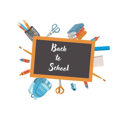 Okula dön, anaokulu afişi ya da çerçeve. Çocuk okulu unsurları, kopya alanı olan kalemler. Çocuk malzemeleri, şirin tasarım. Poster ve satış afişi için kullanılabilir.