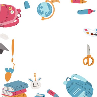 Okula dön, anaokulu afişi ya da çerçeve. Çocuk okulu unsurları, kopya alanı olan kalemler. Çocuk malzemeleri, şirin tasarım. Poster ve satış afişi için kullanılabilir.