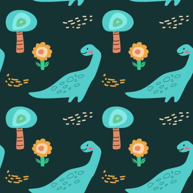 Çocuk hayvan desenli şirin bebek dinozorlar koleksiyonu. Tekstil için. Çocuk odası tasarımı. Dinozorların arka planında tropikal ağaçlar var. Çocuksu hayvanlar, el yapımı elementler..