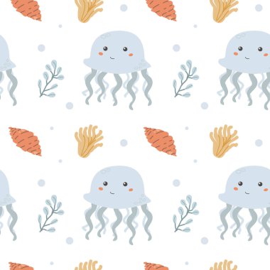 Çocuk deniz hayvanları desenleri, çocuksu okyanus deniz yaşamı kusursuz arka plan. Yavru hayvan baskısı. Su altı sakinleri çocuklar için tekstil, giysi, duvar kağıdı koleksiyonu.