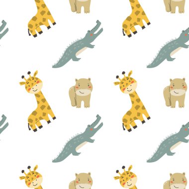 Çocuk hayvan desenleri, şirin Afrika ormanı ve tekstil, poster, kapak, ambalaj kağıdı için tropikal hayvan geçmişi. Vahşi hayvan deseni. Timsah, su aygırı, zürafa tasarımı.