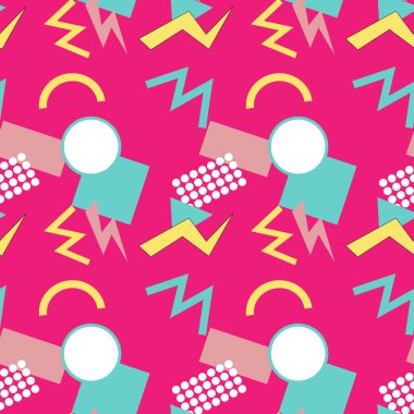 90 'ların müzik arkaplanı ve 00' lerden gelen ses ekipmanları. Retro moda, kaset ile kusursuz desen. Geometri şekilleri ve diğer 90 'ların elementlerinin arka planı.