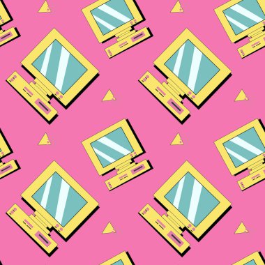 90 'ların müzik arkaplanı ve 00' lerden gelen ses ekipmanları. Retro moda, kaset ile kusursuz desen. Geometri şekilleri ve diğer 90 'ların elementlerinin arka planı.