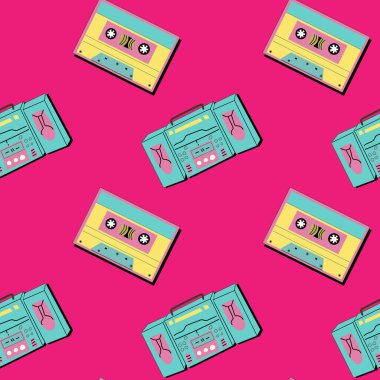 90 'ların müzik arkaplanı ve 00' lerden gelen ses ekipmanları. Retro moda, kaset ile kusursuz desen. Geometri şekilleri ve diğer 90 'ların elementlerinin arka planı.