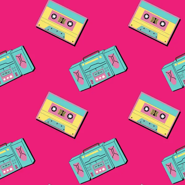 90 'ların müzik arkaplanı ve 00' lerden gelen ses ekipmanları. Retro moda, kaset ile kusursuz desen. Geometri şekilleri ve diğer 90 'ların elementlerinin arka planı.