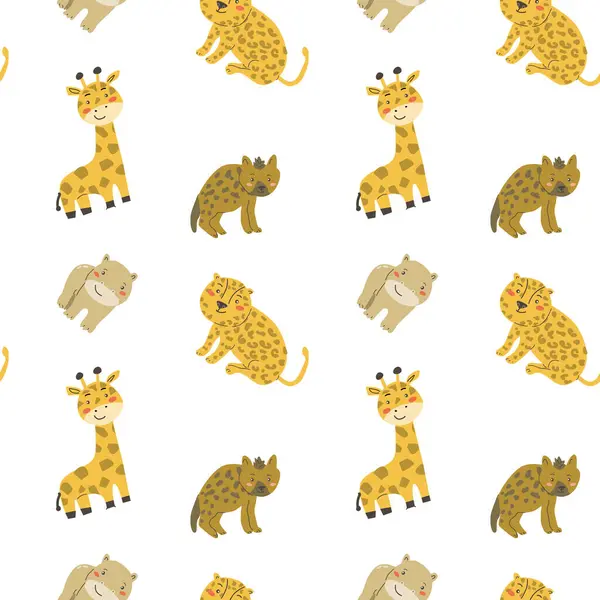 stock vector Childrens animals pattern, cute african jungle and tropical animal background for textile, poster, cover, wrapping paper. Wild animals pattern. Giraffe, hippo, hyena, leopard seamless print.