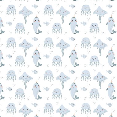 Çocuk deniz hayvanları desenleri, çocuksu okyanus deniz yaşamı kusursuz arka plan. Yavru hayvan baskısı. Su altı sakinleri çocuklar için tekstil, giysi, duvar kağıdı koleksiyonu.