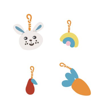 Çocuklar ilkokulun sevimli unsurlarını sağlıyor. Okul çantaları kolyesi. Anaokulunda eğitim için temel unsurlar. Okula geri dön..