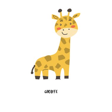 Eğitim için çocuk hayvan kartı zürafası. Anaokulu tasarımı. İngilizce 'de şirin bir Afrika hayvanının hafıza kartı. Çocuk odası için alıntıları olan komik çizgi film karakteri posteri..
