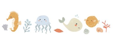 Deniz hayvanlarının kabuklu çocukları. Denizcilik unsurları sınırda. Tatlı balık ya da deniz yosunlu okyanus sakini. Deniz yaban hayatı, bitkilerle kaplı deniz hayvanları, giysi tasarımı.