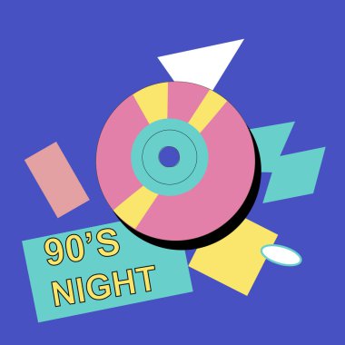 90 'ların müzik geçmişi. Retro disko afişi, y2k ya da 00s elementli. Oyun ya da müzik ekipmanı, 90 'lardan kalma dizüstü bilgisayar. Sosyal ağ için parlak pankart.