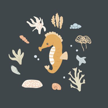 Deniz hayvanlarının kabuklu çocukları. Denizcilik unsurları kartı. Tatlı balık ya da deniz yosunlu okyanus sakini. Deniz yaban hayatı, bitkilerle kaplı deniz hayvanları, giysi tasarımı.