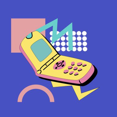 90 'ların müzik geçmişi. Retro disko afişi, y2k ya da 00s elementli. Oyun ya da müzik ekipmanı, 90 'lardan kalma dizüstü bilgisayar. Sosyal ağ için parlak pankart.