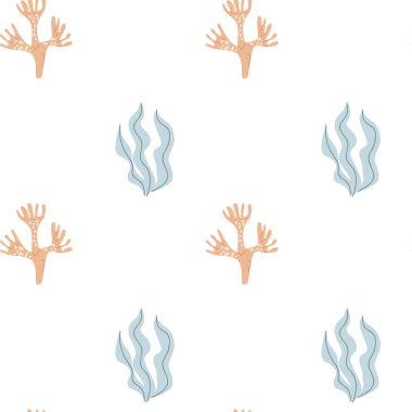 Çocuklar sevimli moda modelleri. Çocuksu çocuk yuvası yosunları kusursuz bir altyapısı var. Deniz yaşamının elementleri. Çocuk odası tasarımı. Pastel renkler. Okyanus bitkileri arka plan, yosun izleri..