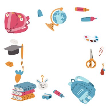 Okula dön, anaokulu afişi ya da çerçeve. Çocuk okulu unsurları, kopya alanı olan kalemler. Çocuk malzemeleri, şirin tasarım. Poster ve satış afişi için kullanılabilir.