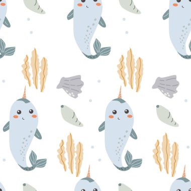 Çocuk deniz hayvanları desenleri, çocuksu okyanus deniz yaşamı kusursuz arka plan. Yavru hayvan baskısı. Su altı sakinleri çocuklar için tekstil, giysi, duvar kağıdı koleksiyonu.