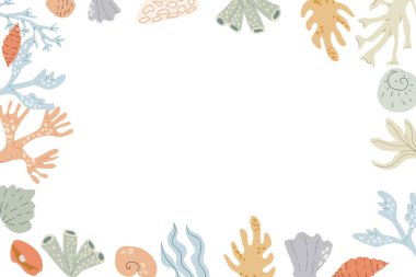 Deniz hayvanları, deniz kabuğu, yunus ve diğer okyanus sakinleriyle sevimli bir deniz iskeleti. Çocuk odası pastel tasarımı. Çocuk deniz hayvanları arka planı.