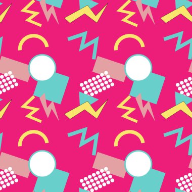 90 'ların müzik arkaplanı ve 00' lerden gelen ses ekipmanları. Retro moda, kaset ile kusursuz desen. Geometri şekilleri ve diğer 90 'ların elementlerinin arka planı.