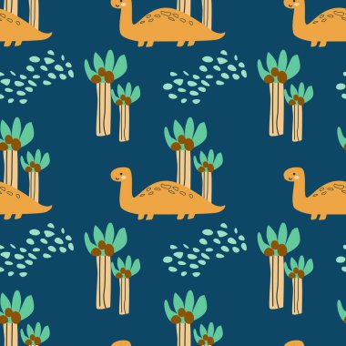 Çocuk hayvan desenli şirin bebek dinozorlar koleksiyonu. Tekstil için. Çocuk odası tasarımı. Dinozorların arka planında tropikal ağaçlar var. Çocuksu hayvanlar, el yapımı elementler..