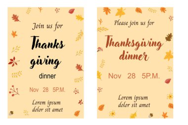 Sonbahar Şükran Günü davetiyesi. Sonbahar hindi günü posterleri. Akşam yemeğine davetli, mevsimlik şükran günü şablonu. Elle çizilmiş sonbahar Şükran Günü arka plan koleksiyonları.