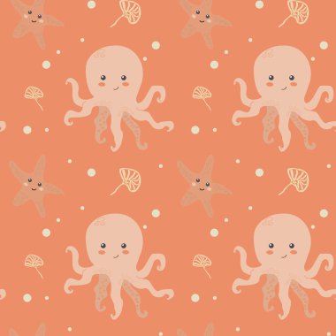 Çocuk deniz hayvanları desenleri, çocuksu okyanus deniz yaşamı kusursuz arka plan. Yavru hayvan baskısı. Su altı sakinleri çocuklar için tekstil, giysi, duvar kağıdı koleksiyonu.
