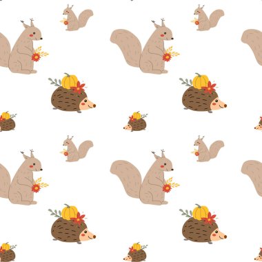 Sonbahar yaprakları, bitkiler ve hayvanlarla sonbahar şükran günü şablonu. Güzel kumaş tasarımı. Şükran Günü 'nde geleneksel renkler, tekstil ve ambalaj kağıtları kullanılıyor. Sevimli elementler.