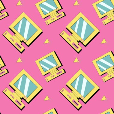 90 'ların müzik arkaplanı ve 00' lerden gelen ses ekipmanları. Retro moda, kaset ile kusursuz desen. Geometri şekilleri ve diğer 90 'ların elementlerinin arka planı.