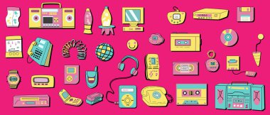 90 'ların retro elementleri ayarlandı. 1990 yapımı klasik müzik ve oyun malzemelerinin grafiksel çizimleri. Disket ve CD, bilgisayar, telefon, kaset, film ve diğer elementler. Y2k için nostalji, 90 'lar.