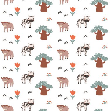 Çocuklar ve tropik bitkiler. Afrikalı hayvanlarla ve avuç içi ve el yapımı elementlerle çocuksu, şirin bir baskı tasarımı. Çocuk yuvası İskandinav çizgi film karakterleri.