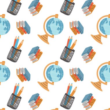 Çocuklar için moda okulu modeli. Okula ya da anaokulu malzemelerinin sorunsuz bir geçmişi var. El yapımı eğitim unsurları tasarımı. Kumaş, tekstil, ambalaj kağıdı için yazdır.