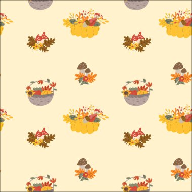 Sonbahar yaprakları, bitkiler ve hayvanlarla sonbahar şükran günü şablonu. Güzel kumaş tasarımı. Şükran Günü 'nde geleneksel renkler, tekstil ve ambalaj kağıtları kullanılıyor. Sevimli elementler.