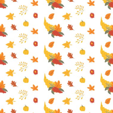 Sonbahar yaprakları, bitkiler ve hayvanlarla sonbahar şükran günü şablonu. Güzel kumaş tasarımı. Şükran Günü 'nde geleneksel renkler, tekstil ve ambalaj kağıtları kullanılıyor. Sevimli elementler.