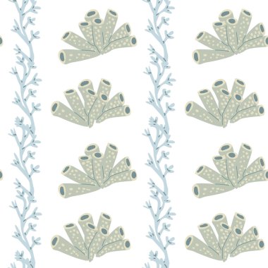 Çocuklar sevimli moda modelleri. Çocuksu çocuk yuvası yosunları kusursuz bir altyapısı var. Deniz yaşamının elementleri. Çocuk odası tasarımı. Pastel renkler. Okyanus bitkileri arka plan, yosun izleri..