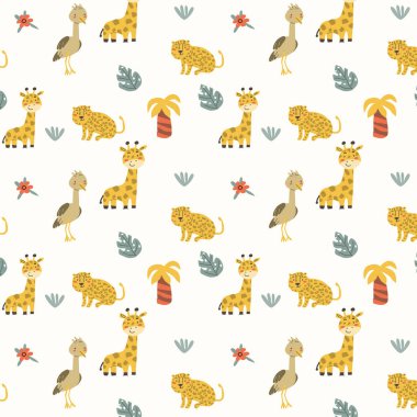 Çocuklar ve tropik bitkiler. Afrikalı hayvanlarla ve avuç içi ve el yapımı elementlerle çocuksu, şirin bir baskı tasarımı. Çocuk yuvası İskandinav çizgi film karakterleri.