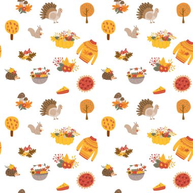 Sonbahar yaprakları, bitkiler ve hayvanlarla sonbahar şükran günü şablonu. Güzel kumaş tasarımı. Şükran Günü 'nde geleneksel renkler, tekstil ve ambalaj kağıtları kullanılıyor. Sevimli elementler.