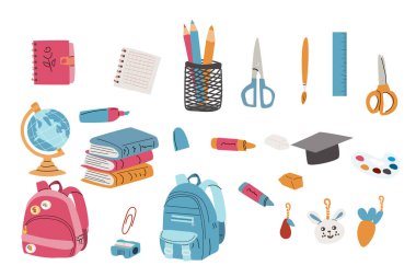 Çocuklar ilkokulun sevimli unsurlarını sağlıyor. Okul çantası, kolye, küre, kalemler ve kitaplar, çıkartmalar için notlar, yapıştırma defteri. Anaokulunda eğitim için temel unsurlar. Okula geri dön..