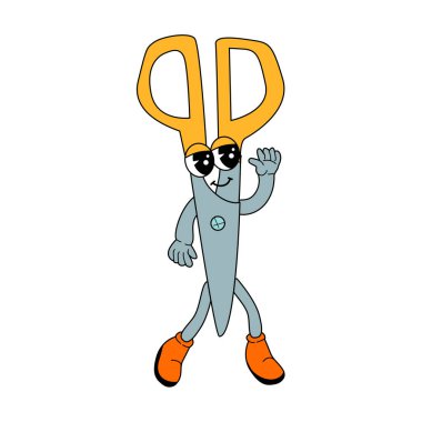 Çocuk okulu malzemeleri. Çizgi film makasları. Hem de modaya uygun. Eğitim için komik bir maskot okul afişi, kapak tasarımı, poster ya da çıkartma. y2k karakteri - kırtasiye ögesi.