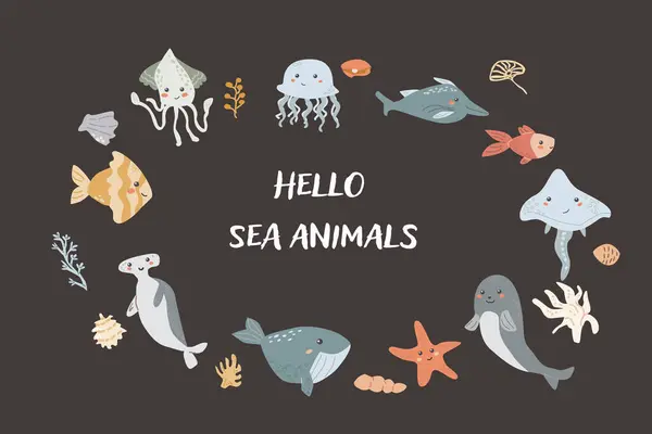 Deniz hayvanları, deniz kabuğu, yunus ve diğer okyanus sakinleriyle sevimli bir deniz iskeleti. Çocuk odası pastel tasarımı. Çocuk deniz hayvanları arka planı.