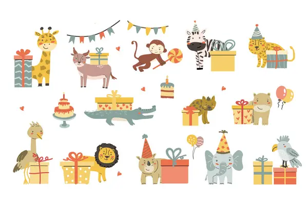 Çocuk hayvanlar seti. Hediyeli şirin Afrika hayvanları koleksiyonu. Çocukça kartpostallar için küçük vahşi hayvanlar. Hediyeler ve pastalarla tropikal karakterleri kutluyoruz. Hayvanlar partisi ayarlandı.
