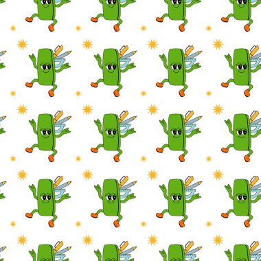 2k okulunda mükemmel, kusursuz bir desen. Okul malzemeleri ve y2k elementleriyle çocuk desenleri. Eğitim, kırtasiye malzemesi ve modaya uygun modaya uygun modaya sahip karakterlerle arka planı tekrarlıyor. Kumaş çocuksu tasarım.